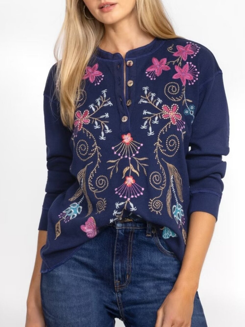 Johnny Was Sisa Navy Floral Embroidered Thermal Waffle Knit Henley Top Size XL